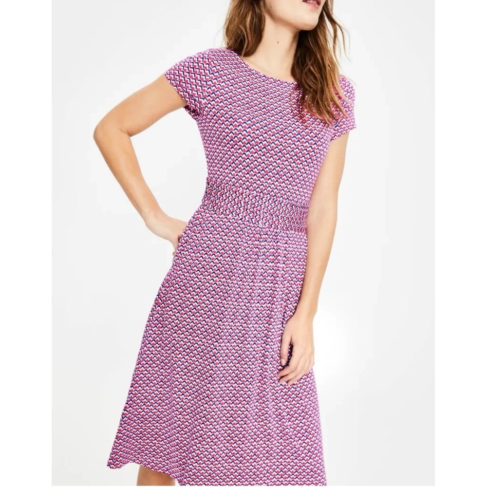 Boden Amelie Jersey Dress Geometric Fit Flare Blue Pink White US 6